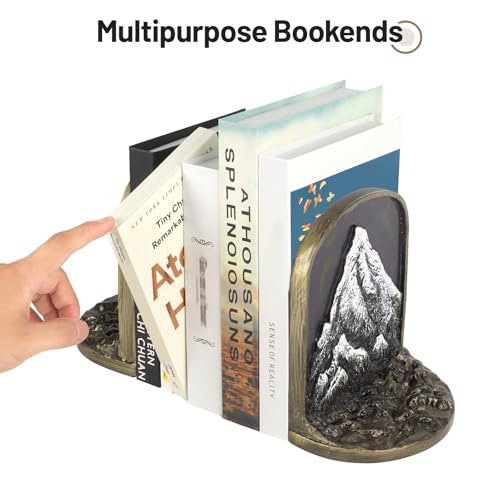 Snow Mountain Vintage Heavy Bookends, 2 Unique Bronze Decorative Bookend for Shelves or Bookcase, Anti-Slip Book Shelf Bookends Decorative, Gifts for Mother and Father - style: Snow Mountain