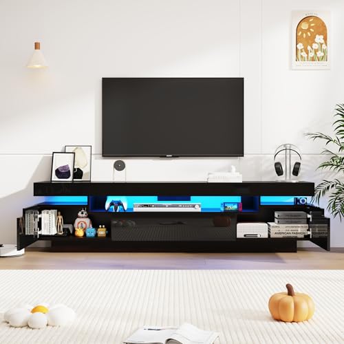 Uspeedy 70IN White TV Stand for 75/80 inch TV,Modern LED TV Stand for Living Room,High Gloss Entertainment Center with Storage Drawer,APP RGB Light,TV Console,Television Stands(Black) - color: Black