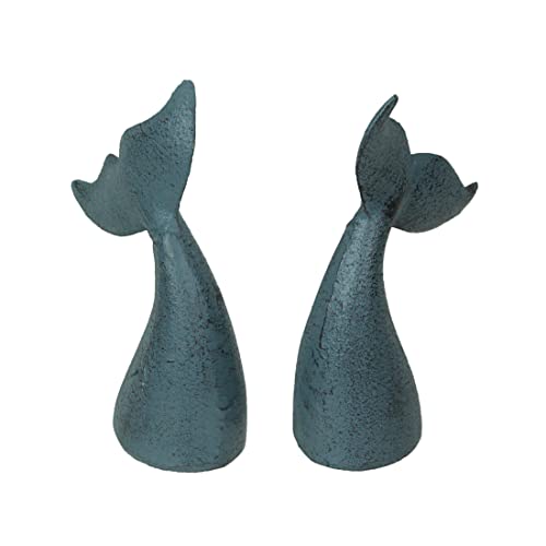 Set of 2 Nautical Cast Iron Whale Tail Decorative Bookends - Coastal Themed Shelves, and Beach House - Rustic Blue Enamel Finish - Organize and Beautify Your Space - color: Whale Tail - Blue