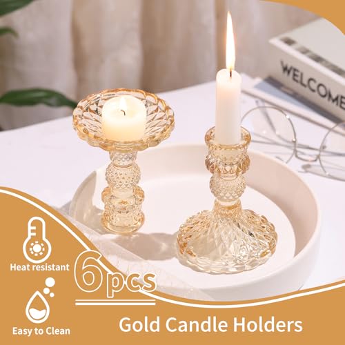 Taper Candlestick Holder Set of 6, Gold Candle Holders & Vintage Candlestick Holders, Glass Candle Holder for Table Centerpieces, Fall, Christmas, Autumn, Thanksgiving Decor - color: Gold, size: Crystal