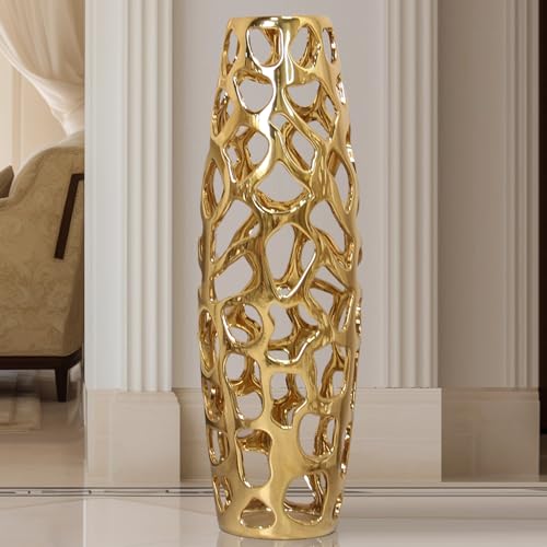 Ceramic Vase Large Floor Vase Handmade Ceramic Flower Holder Hand Carved Sophisticated Vessel for Decorative Branches and Dried Flowers 24 Inches Gold