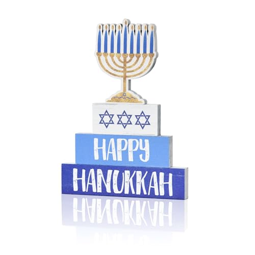 Smile Hanukkah Wood Decoration Set Hanukkah Sign and Blocks Farmhouse Decor Rustic Menorah Hexagram, Party Supplies Gifts Festive Holiday Centerpiece and Table Decoration - style: Hanukkah