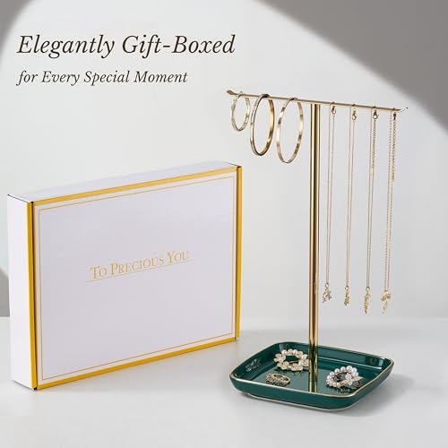Jewelry Holder Stand with Ceramic Base: 12" Tall Necklace Organizer Rack, Tree Design Display Storage for Necklaces, Bracelets, Rings, Earrings, Aesthetic Room Décor for Girls and Women, Green - color: Green, size: 5.8" base