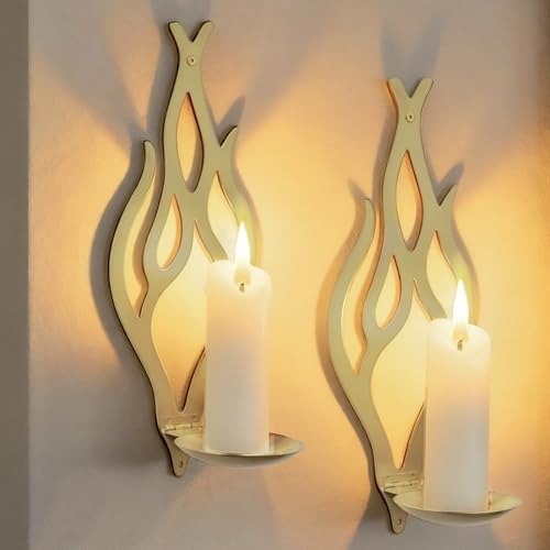 Wall Candle Sconces Set of 2, Modern Minimalist Metal Candle Holders for Pillar, Tealight, and LED Candles, Flame-Shaped Decorative Wall Decor for Living Room Dining Room (Golden Tan) - color: Golden Tan Flame-shaped