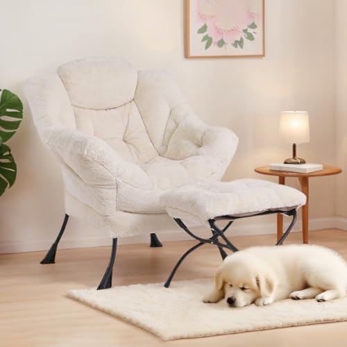 Tiita Lazy Chair with Ottoman, Beige Modern Large Accent Chair, Comfy Leisure Sofa Armchair with Ottoman, Reading Chair with Footrest for Bedroom, Living Room, Dorm Rooms, Plush Beige - color: Plush-beige