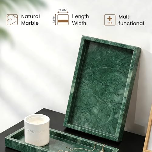 Natural Marble Tray, Stone Tray for Bedroom/Bathroom/Kitchen/Vanity Countertop, Jewelry Tray for Rings Earrings Necklace Bracelet Watch, Room Decor Aesthetic - color: Jade Green, size: 11.8" x 7.9" x 1.2"