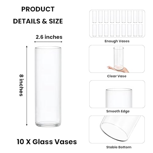 10 Pack Glass Cylinder Vases, 8 Inch Small Clear Cylinder Flower Vase Floating Candle Holders Glass Vases for Centerpiece Table Party Home Wedding