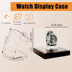Single Watch Display Case, 3mm Clear Acrylic Watch Box with Solid Wood Base, Built-in Holder, No Assembly Required - Luxury Watch Holder for Men & Women (4.25" W x 4.25" D x 3.85" H) - size: Display Case (No LED) For 1 Watch