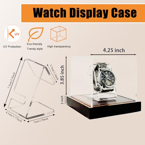 Single Watch Display Case, 3mm Clear Acrylic Watch Box with Solid Wood Base, Built-in Holder, No Assembly Required - Luxury Watch Holder for Men & Women (4.25" W x 4.25" D x 3.85" H) - size: Display Case (No LED) For 1 Watch
