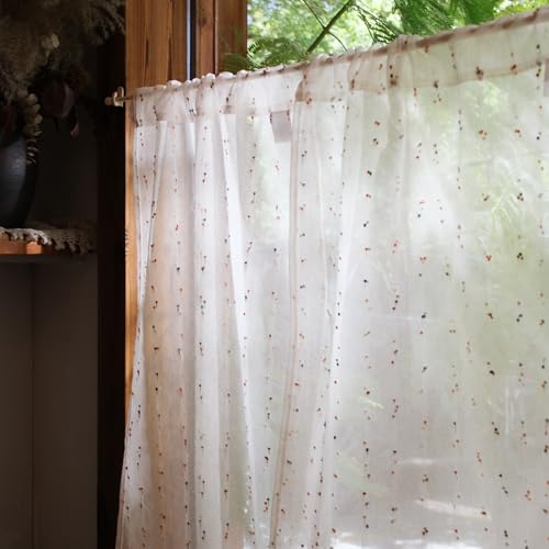 jinchan Semi Sheer Kitchen Curtains for Window 24 Inch Mini Pom-Pom Voile Tier Curtains Light Filtering Small Drapes for Bedroom Living Room Rod Pocket 2 Panels Blush Meadow - color: Dottie Blush Meadow, size: 26"W x 24"L (Pack of 2)