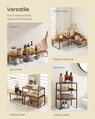 SONGMICS Cabinet Organizer Shelf, Set of 3 Kitchen Counter Shelves, Kitchen Storage, Spice Rack, Stackable, Expandable, Rustic Brown and Matte Black UKCS220K02 - color: Rustic Brown + Matte Black
