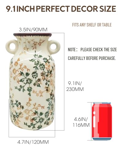 Vintage Ceramic Flower Vase Home Decor - Tabletop Rustic Tall Vase for Decor Living Room Bookshelf Office Kitchen Farmhouse, White Vases for Bouquet, Symmetric Holes | Grand Millennial | 9.1inch