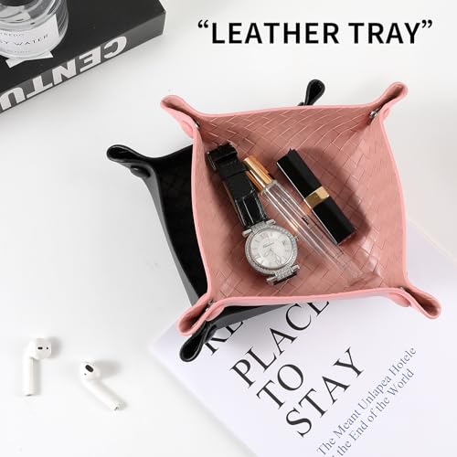 KINIVA 2 Pack PU Leather Jewelry Valet Tray for Men Women,Small Key Bowl for Entryway Table,Portable Travel Catchall Dice Tray (Square-Pink-2pcs) - style: Square-Pink-2pcs