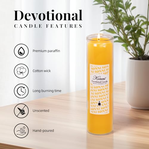 KONNI 2x8 Inch Yellow Pillar Candles in Glass Set of 3, Devotional Prayer Candle, Unscented Religious Candles, 105 Hours Emergency Long Burning, Ideal for Memorials, Vigil, Blessing - color: Yellow