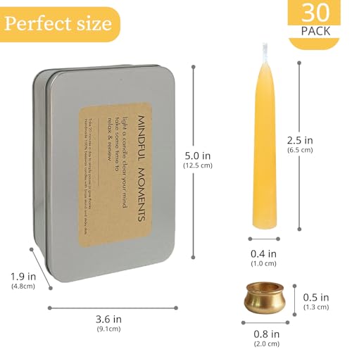 Meditation Beeswax Taper Candles Set, 20 Minute Pure Beeswax Mini Prayer Candles, 30 pcs Small Wishing Candle with Brass Candle Holders for Home Yoga - color: Beeswax, size: 30 Pack