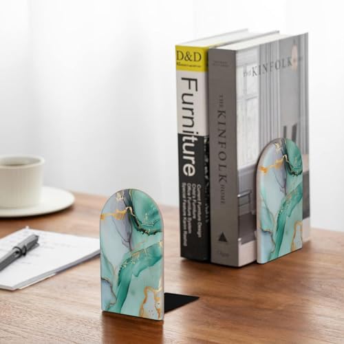Decorative Bookends 2 Pcs Mint Green Golden Marble Print Wood Bookends for Shelves Heavy Books Kids Non-Skid Book Ends Stoppers for Office Desk Kitchen School - color: Mint Green Golden Marble Print