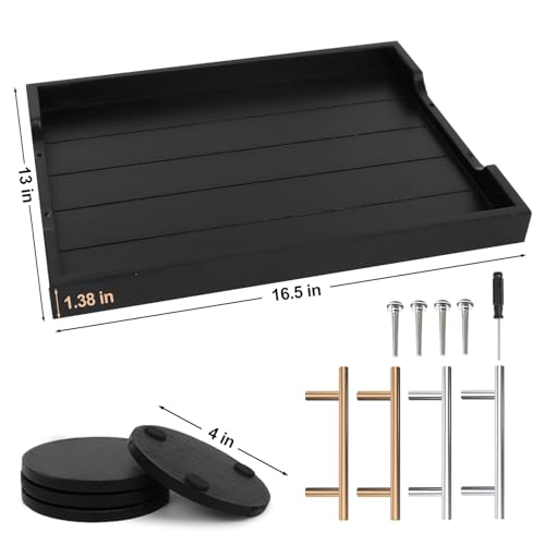 SXNOWS Coffee Table Trays - Large Ottoman Tray for Living Room -Wood Serving Tray with 2 Sets of Handles - Wooden Tray for Coffee Table, 4 Round Coasters Included, Black - color: Black