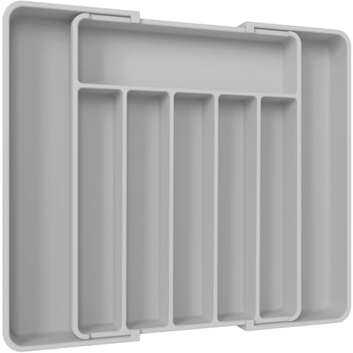 Aujen Silverware Organizer - Expandable Kitchen Drawer Organizer, Adjustable Utensil Organizer, Cutlery Tray for Forks, Knives, Multipurpose Kitchen Organizers and Storage Solution, Light Grey, Large - color: Light Grey, size: Large