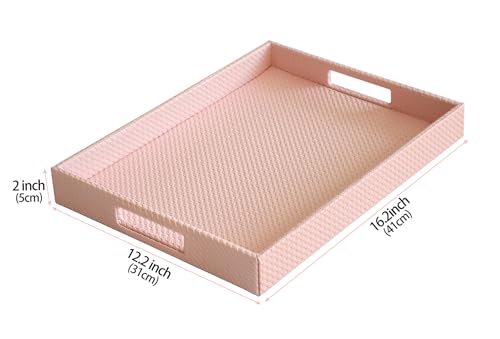 HofferRuffer Rectangle Serving Tray with Hole Handles for Coffee Table, Breakfast, Tea, Food, Butler - Countertop, Kitchen, Vanity Serve Tray, 16.2 x 12.2 x 2 inches, Faux Leather (Pink) - color: Pink, size: 16.2" x 12.2" x 2"