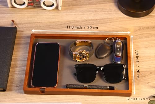 Shinpuru Wooden Valet Tray for Men, Nightstand Organizer with Leather Inlay, EDC Essentials Catchall Tray for Keys, Phone, Wallet, Watch, Earbuds - Bedside Desk Entryway Tray (Wood-Full) - color: Brown-F