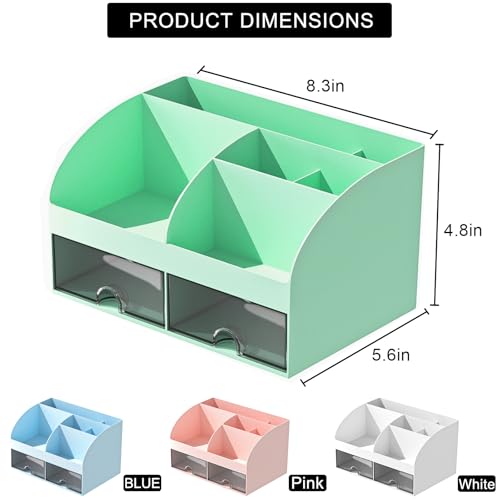 COMFYROOM Desk Organizer with 6 Compartments and 2 Drawers, Plastic Makeup Organizer, Pen Holder for Desktop Storage, Desk Organization for School, Home, Office Supplies (Mint Green) - color: Mint Green