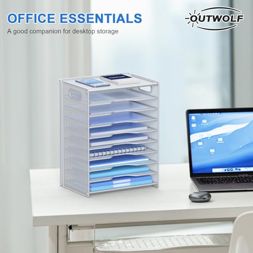 OUTWOLF 10 Tier Paper Organizer - Letter Tray Mesh Desk File Organizer with Handles for Office School Desktop, White - color: White