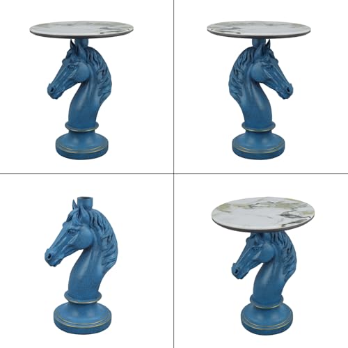 Modern Accent Table Living Room Horse Statue Blue and White Contemporary‌ Faux Marble Night Stand Side Table with Horse Head Base Reception Area & Bedroom（Width 19.69" ——Tall 24.8"） - style: Blue white horse head table