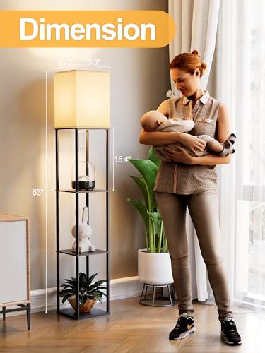 Floor Lamp with Shelves for Living Room 2 Pack, Shelf Floor Lamp with 3 CCT LED Bulb, Corner Display Standing Column Lamp Etagere Organizer Tower Nightstand with White Linen Shade for Bedroom, Office - color: Black