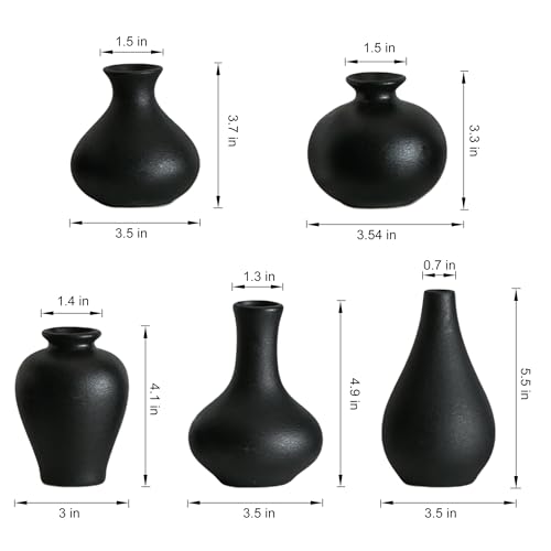 Black Ceramic Bud Vase Set of 5, Mini Vases for Flowers, Decorative Small Vases for Home Decor, Boho Wedding Centerpieces, Living Room, Dining Table & Shelf Decor - color: F-small Black Vase Set of 5