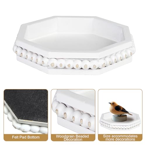 Candle Pedestal for Pillar Candle Set of 2, Rustic Round Wood Tray Beaded Risers, Farmhouse Wood Beaded Tray for Tiered Tray Candle, Mug Display Decorative, Table Centerpiece, Antique White - color: Rusticwhite-1, size: Set of 2