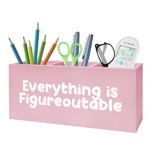 Everything Is Figureoutable Makeup Brush Toothbrush Holder, Preppy Coquette Pink Wooden Pen Pencil Holder Organizer for Dorm Bedroom Desk Accessories, Inspirational Gifts for Women - color: Color-Desk accessories pink 19