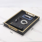 Wooden Structure Leather Decorative Coffee Table Square Tray, Farmhouse Counter PU Tray - Room Serving Trays, Brushed Champagne Gold Handle (Black) - color: Black