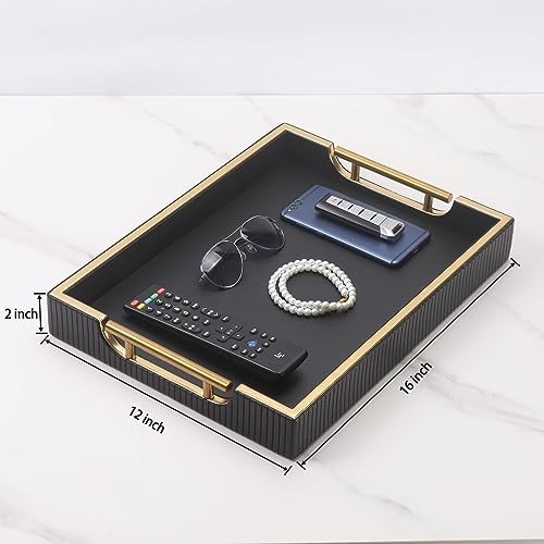 Wooden Structure Leather Decorative Coffee Table Square Tray, Farmhouse Counter PU Tray - Room Serving Trays, Brushed Champagne Gold Handle (Black) - color: Black