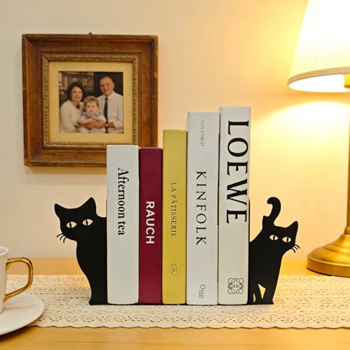 Peeping Cat Bookends Set of - Metal Decorative Book Ends for Shelves with Peekaboo Design, Gift for Cat Lovers, Home Office Desk & Bookshelf Decor