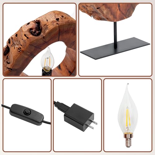 LAPTAIN Wood Table Lamp, Irregular Jujube Tree Wooden Bedside Lamp, Creative Home Decor Table Lamp, Bedside Night Light for Bedroom, Living Room, E12, ON-Off Button, Iron Base - size: Small
