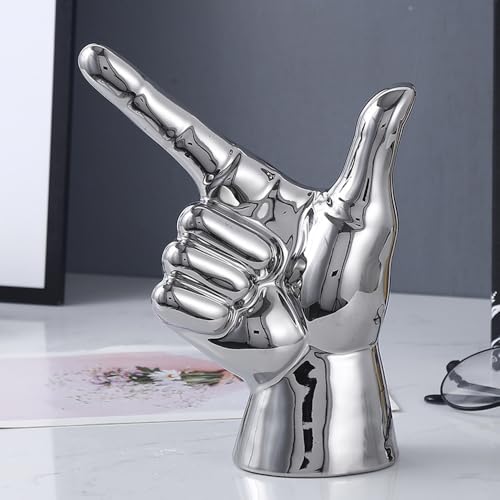 Rayberro Ceramic Hand Gesture Sculpture Creative Hand Statue Home Decor Hand Gesture Figurine Decors for Living Room Bedroom Office Bookshelf Coffee Tabletop Ornaments Decorations Gift (Silver) - color: Silver