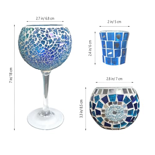 Glass Tealight Candle Holder, 3Pcs Blue Handmade Mosaic Votive Candle Holders, Wedding Dinner Party Tea Light Holder for Centerpiece Table Decorations, Vintage Home Room Decor