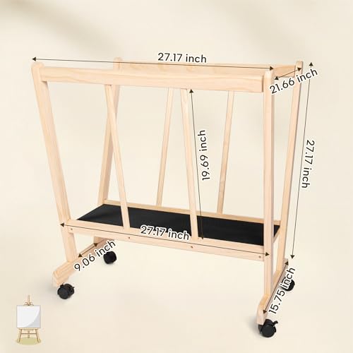GENMOUS Wood Large Print Rack with Castors - Artist Display and Storage Rack,Natural Wooden Storage & Crafts Drying Racks for Canvas,Artwork,Prints,Panels,Posters,Art Shows & Galleries Display Stands - size: Wood-1Layer