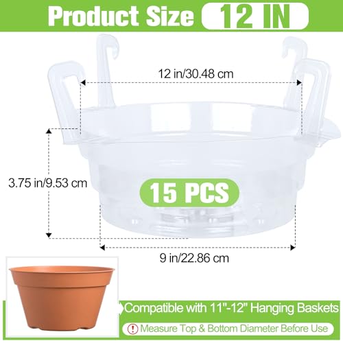 Miuwauer 15 Pack of 12-inch Hanging Basket Water Catcher Plastic Hanging Plant Drip Pan Tray Plastic Saucers Liners for Indoor Outdoor Hanging Plants Baskets Flower Pots - Clear, Round - size: 12 Inch