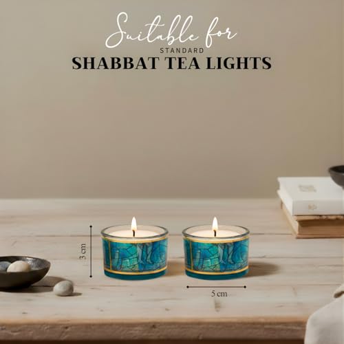 SURI Chagall Style Shabbat Candle Holders Set of 2 – Glass Shabbos Sabbath Tea Light Holders, Jewish Home Décor - color: Blue (Chagall), size: Short