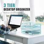 DALTACK 3 Tier Paper Organizer with Handle, Mesh Metal Desk Organizer with Sliding Paper Trays for Letter/A4 Paper, Mail, Bills & Folders, Blue - color: Blue