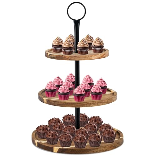 Perco 3 Tier Wooden Cupcake Stand, Acacia Wood Tiered Display Stand for 20 Cupcakes – Rustic Dessert Table Display Set, Tiered Serving Tray for Weddings, Birthdays, Baby Showers & Events - color: Acacia Wood