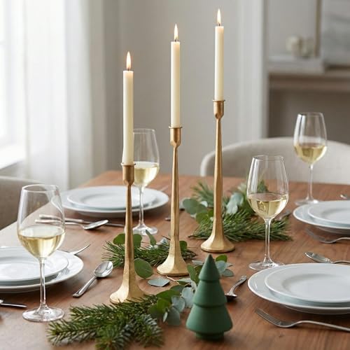 Denique Iron Taper Candle Holder Set of 3, Gold Candlestick Holders Decorative Candle Stand, Tapered Candle Holders Tall Set for Wedding, Dining Table, Home Decoration (Gold) - color: Gold, size: 12”,14”,15.5”