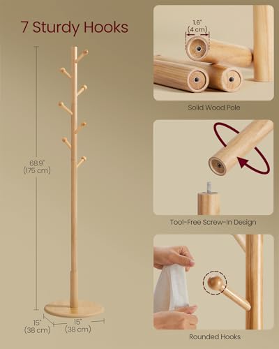 VASAGLE Solid Wood Coat Rack, Free Standing Hall Coat Tree with 7 Hooks, 3 Height Options, for Coats, Hats, Bags, Purses, for Entryway, Hallway, Rubberwood Hooks and Pole, Natural Beige URCR007N01 - color: Natural Beige, style: Round Base + Spherical Hook