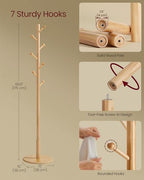 VASAGLE Solid Wood Coat Rack, Free Standing Hall Coat Tree with 7 Hooks, 3 Height Options, for Coats, Hats, Bags, Purses, for Entryway, Hallway, Rubberwood Hooks and Pole, Natural Beige URCR007N01 - color: Natural Beige, style: Round Base + Spherical Hook