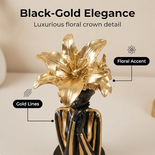 Lescafita African Woman Art Sculpture with Gold Floral Crown, Exquisite African Statue, Emotional Modern Home Art Gift for Various Settings Such as Home, Bookshelves, desks, or Offices(7.68 inch - color: 711-gold S