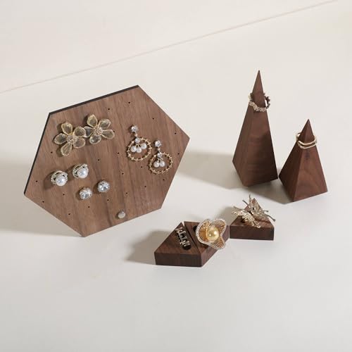 GemeShou 6pcs Wood Jewelry Ring Storage organizers, Retail ring display slot stand, Small walnut Jewelry ring holder tray for Girl Woman Room Decoration【Walnut-Triangle 6pcs】 - style: Triangle
