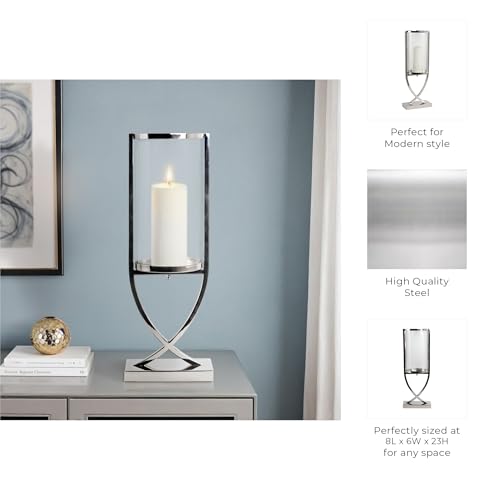 Contemporary Metal and Glass Hurricane Candle Holder - Decorative Pillar Candlestick Holder for Table Centerpiece - Elegant Home Decor Accents for Any Special Occasion Decoration - 23" Silver - color: Silver, size: 23"