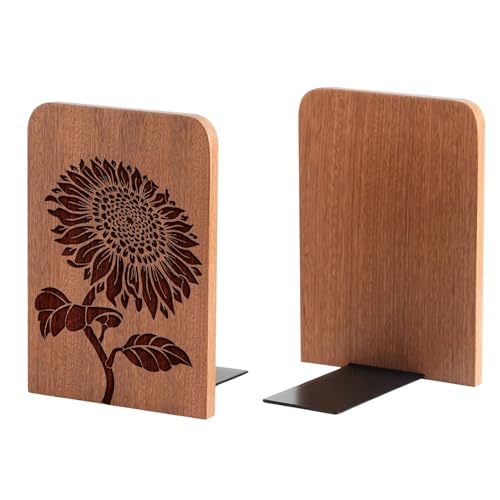 Sunflower Wood Bookends, Sunflower Gifts for Women Men Book Lovers, Novelty Bookends Unique, Heavy Duty Wooden Book Ends for Shelves Decorative(1 Pair, 4.72x6.69 Inches)