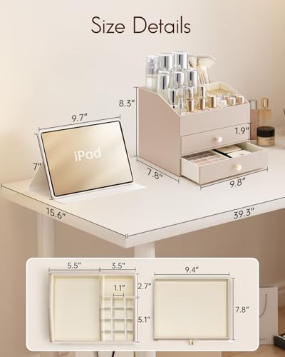 Vlando Makeup Organizer for Vanity,Large Capacity Countertop Organizer with Drawers, PU Leather Cosmetic Display Case for Lipstick,Brushes,Skincare,Bedroom Storage (Toffee) - color: 3 layers-Toffee